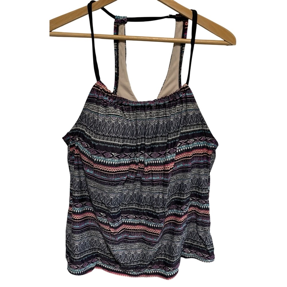 Kona Sol Tankini Top Womens 14W Multicolor Geometric Tribal High Neck Racerback